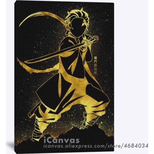 Golden Design Tanjiro Deman Slayer Poster Framed Wooden Canvas Wall Art Decoration Prints Living Room Home Frame Decor Painting