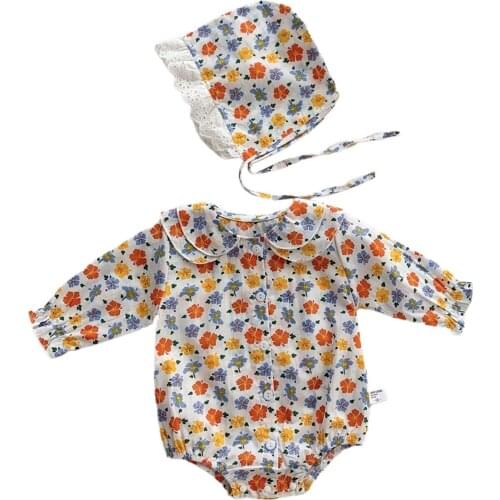 0-12 M 2Pcs Baby Girls Cotton Fall Outfits Long Sleeves Button Down Floral Print Romper With Hat Set Multi-Color Sweet Stylish