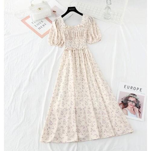 2021 Summer Vintage Plus Size Floral Chiffon Loose Midi Dress With Ruffle Women Puff Sleeve Elegant Square Neck Dresses