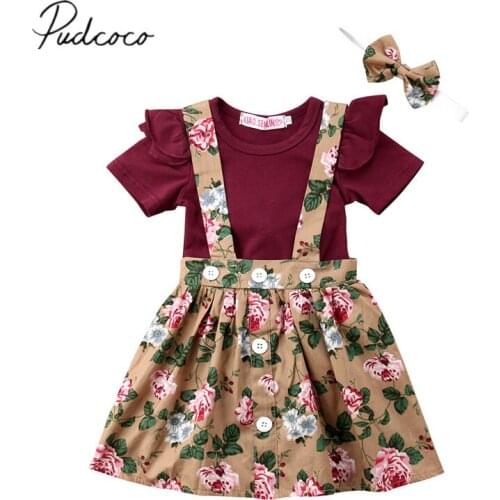 2018 Brand New Summer Toddler Infant Newborn Kids Baby Girls Fly Sleeve Solid Romper Belt Overall Skirt Headband 3Pcs Outfits