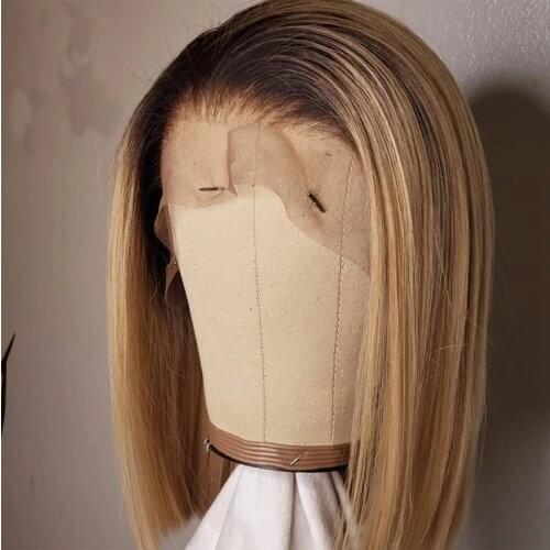 Brazilian Ombre Blonde Blonde With Dark Roots Color Short Bob Straight Wig With Baby Hair Transparent Lace Front Wig Human Hair