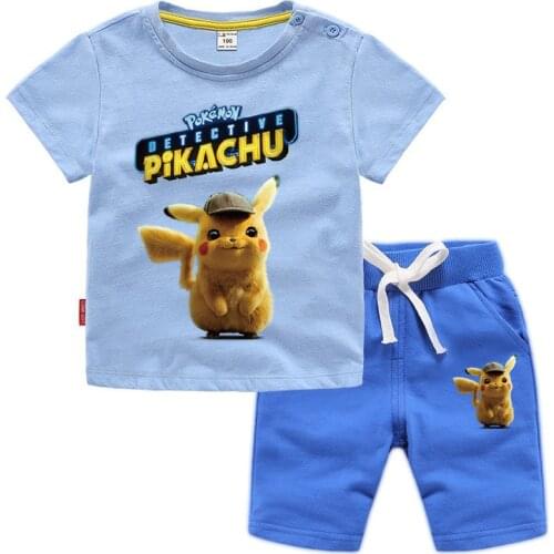 Pikachu Boys Cartoon Pokemon Go Anime T Shirt Pants Suits t-shirt girls Boy Streetwear Clothes for Teenager kids Tops Set