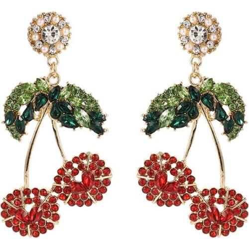 Hot New Irregular Gold Color Personality Red Cherry Shaped Pendant Geometry Drop Earrings for Women Girls Fashion Jewelry