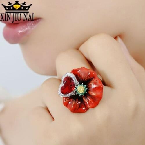 Hot Sale Fashion Red Rose Flower Rings Index Finger Crystal Heart Enamel Dropping glue Rings For Women Dance Party Jewelry