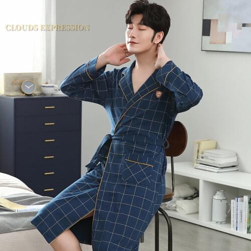 Spring Autumn New Knitted Cotton Bathrobe Men Sleep Lounge Kimono Bath Robes masculino Dressing Gown Plaid Sleepwear Men Fashion