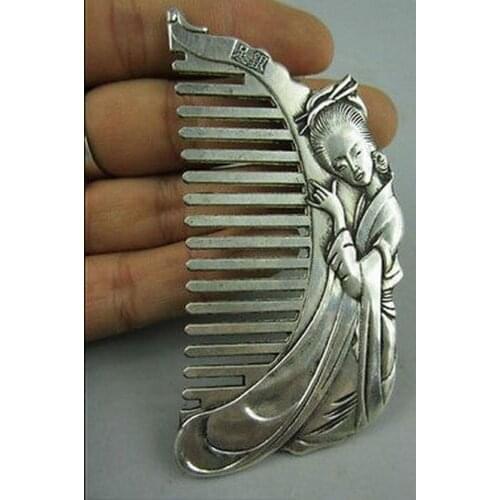 Exquisite Collectibles Decorated Old Miao Silver Hand-carved beauty Belle Usable Comb
