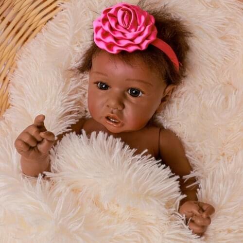 20Inch Black Baby Full Silicone Reborn Baby Brown Eyes With Teeth Lifelike Doll Soft Real Crooked Mouth Water Proof Bath Toy