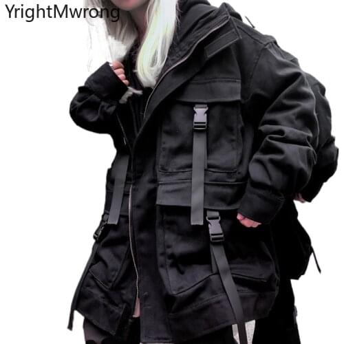 Techwear Ribbon Belt Cargo Pocket Zipper Hooded Jacket Loose Man Women Punk Hip Hop Streetwear Coat Windbreaker Bomber Overcoats
