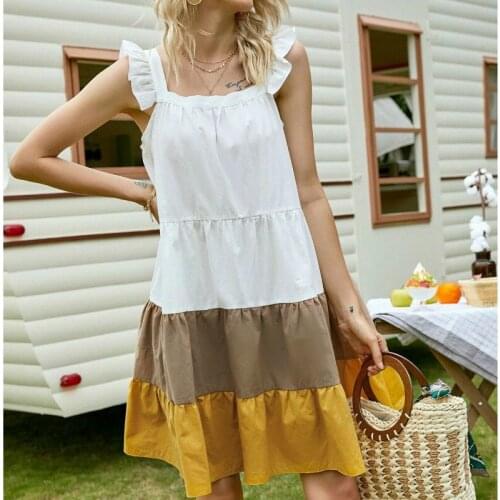 Summer Sleeveless Boho Dress Solid Ruched High Waist Sleeveless Dresses Casual Ruffled Cotton Chic Plus Size OL Patchwrok Dress