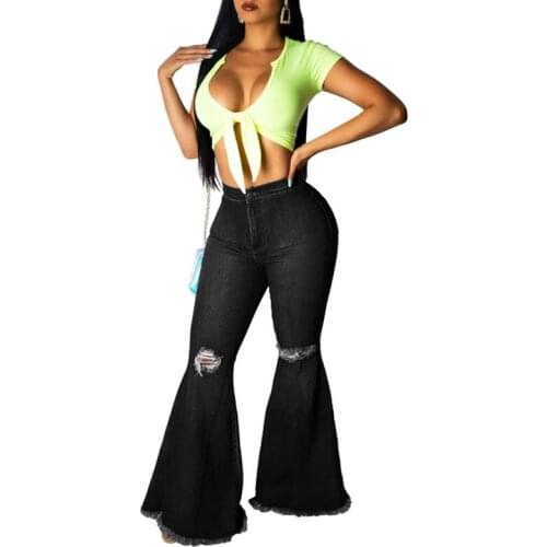 Fashion High Waist Jeans Zipper Fly Hole Ripped Skinny Flare Pants Black Jeans Ripped Jeans for Women Summer Plus Size Jeans