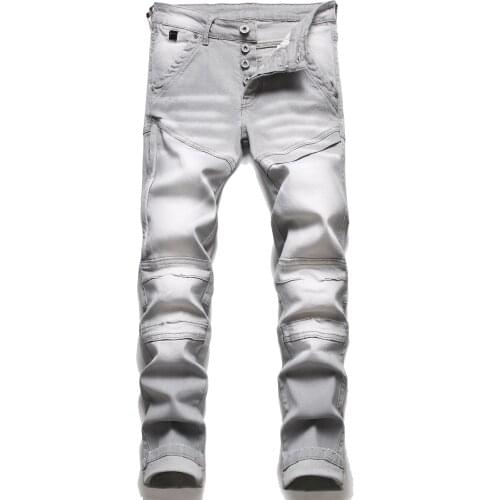 Mens Motorcycle Biker Jeans Patchwork Skinny Stretch Denim Pants Comfortable Casual Trousers Streetwear