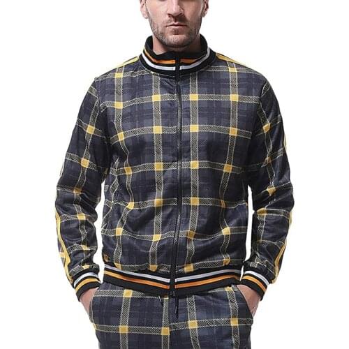 Men Spring Autumn Summer Large Leisure Plaid Joker Fitness Suit Pants Long Sleeves Zipper Cardigan Jacket With Standing Collar