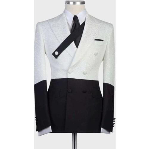 White Pattern Splicing Men Suits Costume Homme Tuxedos Peaked Lapel Slim Fit Wedding Jacket Pants Terno Masculino Blazer 2 Pcs