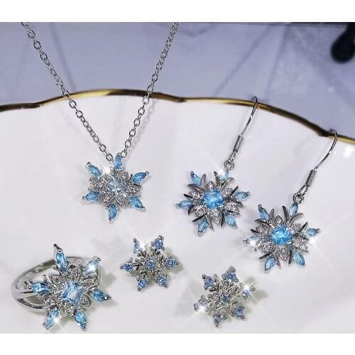 Fine craftsmanship snowflake shape blue crystal earrings necklace ring set sunshine charm ladies party silver jewelry