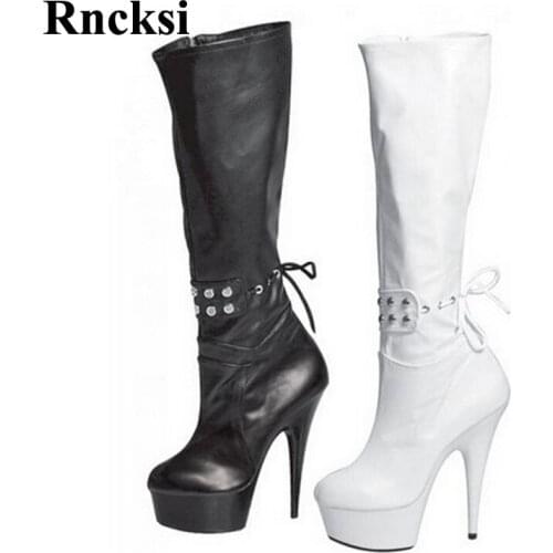Rncksi Lace Up Girl Party Queen Chick Heels Platform Wedding Womens Boots Dance Shoes 15cm Heels High Knee High Boots