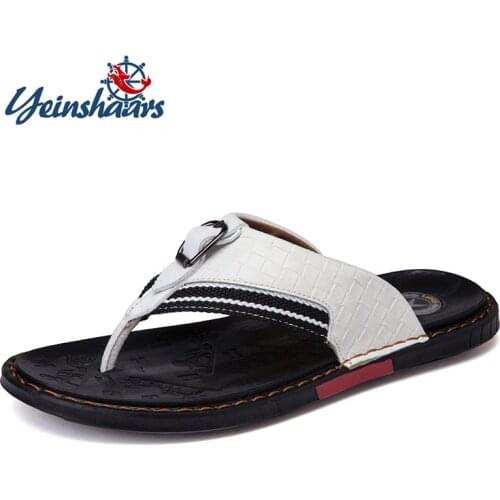 YEINSHAARS Genuine Leather Men Slippers Beach Shoes Men Flip Flops Summer Flat Heels Male Slides Luxury Hand Sewing Men Shoes