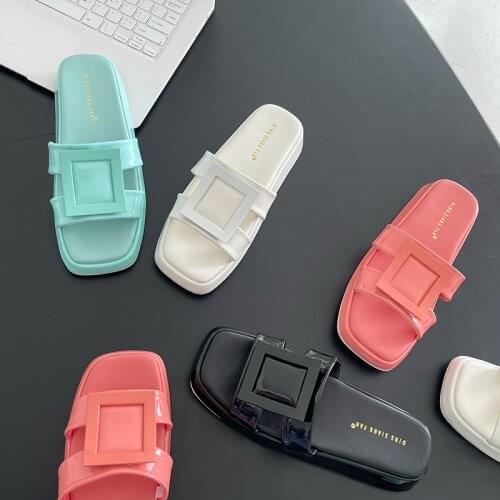 Slippers Flip-Flops Women Shoes Summer Slippers Genuine Leather Square Toe Ladies Slides Outside Womens Slippers Flats Sandals