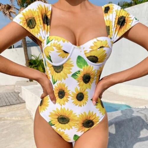 New One Piece Sunflower Printing Bikini Female Swimsuit Underwire Short Sleeve Square Collar Student Swimwear