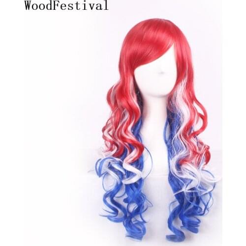 WoodFestival Synthetic Wig With Bangs Wavy Long Hair Cosplay Wigs For Women Colored Pink Red Purple Blue Halloween Party Lolita