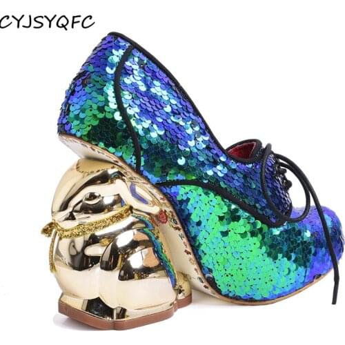 CYJSYQFC Gradient Color Bling Sequins Banquet Lady Shoes Round Toe Lace Up Rabbit Shaped Strange Heels Women Pumps Autumn Winter