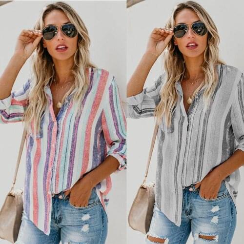 2021 Autumn New Fashion Womens Clothing Hot Sale Simple Casual Comfortable Lapel Single Breasted Color Striped Plus Size Shirt