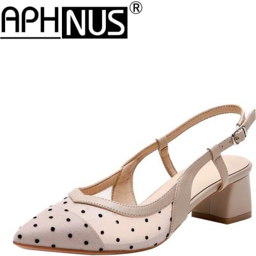 APHNUS Womens Sandals Glitter Cow Leather Low Mid Heels Pumps Woman 2021 Shoes For Women New