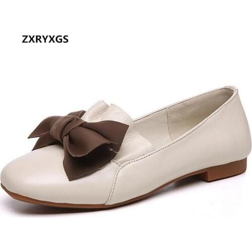 2021 New High Quality Soft Cowhide Bowknot Women Fashion Shoes Casual Flats Large Size 43 Soft Sole Comfortable Leather Shoes