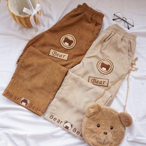 Japanese Autumn Fashoin Preppy Style Women Pants Cartoon Bear Embroidery Corduroy Pants Students Girls Straight casual pants