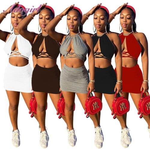 Women Summer Skirt Suit Solid Halter Bandage Bra Crop Tank Top Pleated Mini Skirt Sexy Outfit Party Club Matching Set Tracksuit
