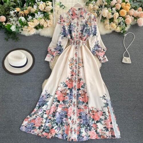 2021 Autumn Floral Print Dress Ladies Retro Lapel Tie Belt Single Breasted High Waist A-Line Slim Dress