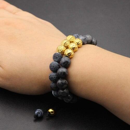 10mm Natural Stone Beads Bracelet Braided Rope Adjustable Gold Stainless Steel Charm Beads Yoga Bracelet For Mens/Women Jewelry