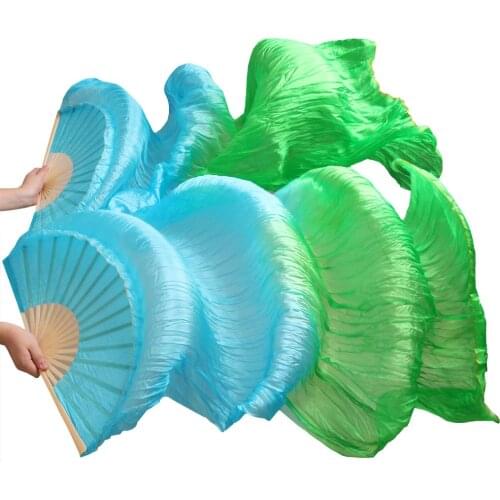 100% silk handmade wholesale high quality Chinese silk veils dance fans 1 Pair of belly dancing fans Turquoise + Green