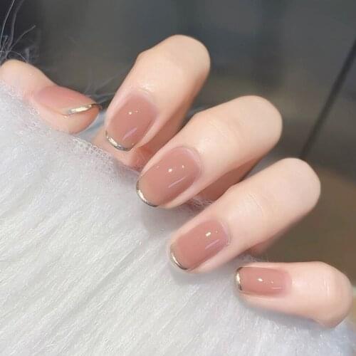 24pcs fake short nails with glue Circular bean sand pink French Manicure patch removable pre design acrylic nail tips for girls