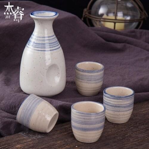 Household hand painted underglaze ceramic small wineware Chinese Baijiu liquor pot cup Japanese style handmade sake set