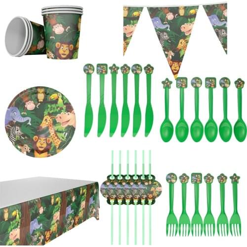 Jungle Forest Animal Theme Safari Baby Shower Birthday Party Decorations Kids Supplies Disposable Plates Cups Banner