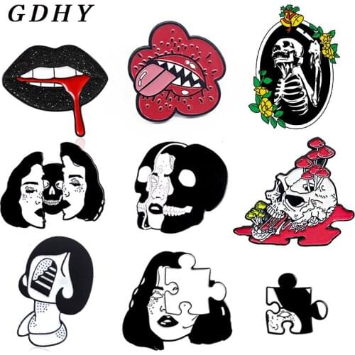 GDHY Skeleton Sexy Lips Enamel Pins Skull Women Face puzzle Red Lips Brooches Punk Dark Gothic Skull Badge Gifts For Women Men