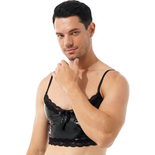 Mens Lingerie Sissy Crop Top Summer Punk Gothic Patent Leather Lace Trim Bowknot Sleeveless Sexy Vest Tops for Rock Concert Club