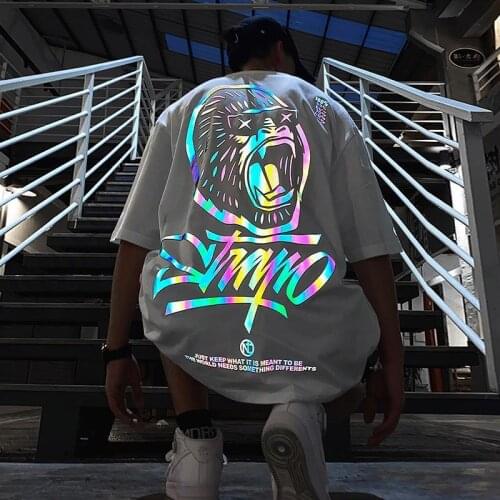 Cool Reflective Tshirt Streetwear Men Summer Cotton Harajuku T-shirt Casual Cartoon Tops Funny Japan Loose Tshirt Streetwear