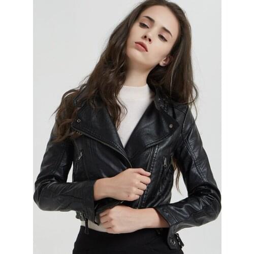 Queechalle Autumn Winter Short Faux Leather Jackets Women Fashion Zipper Moto PU Leather Jacket Ladies Basic Street Coat Black