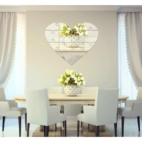 HOT Free shipping acrylic wedding heart assemble home wall mirror sticker, 3D Puzzle heart mirror sticker