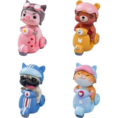 Cute Cartoon Animal Resin Figurine Toy Funny Pig Bear Dog Cat Riding Little Motorcycle 3D Statue Ornament Car Home Decor