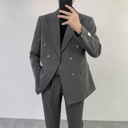 2021 Men Korean Loose Suit Solid Color Casual Wedding Suits for Mens 2 Pcs Set Business Dress Street Wear Social Costume Homme