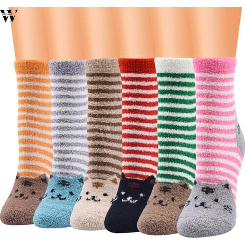 6PC Cartoon Cat Socks Winter Warm Women Men Cute Winter Socks Lovely Student fluffy thicken Anti-slip floor home sleeping Socks