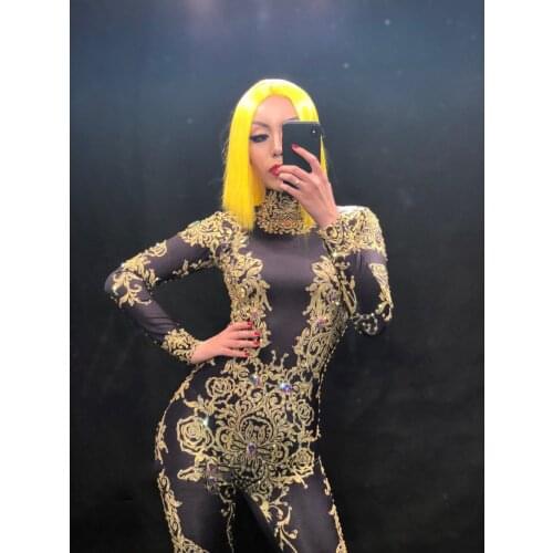 2020 Women New Gold Printing Flowers Black Jumpsuit Sparkling Crystals Bodysuit Celebrate Stage Wear Costume Nightclub Birthday
