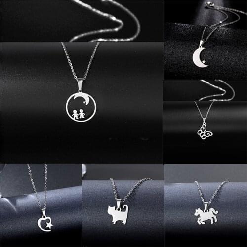 Rinhoo Stainless Steel Simple Pony Kitten Dolphin Animal Love Feather Palm Pendant Necklace For Women Necklaces Jewelry Gift