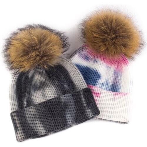 New Fashion Women Viscose Tie-Dyed Beanie Hats Raccoon With Fur Pompom For Ladies Knitted Outdoor Windproof Beanies&Skullies