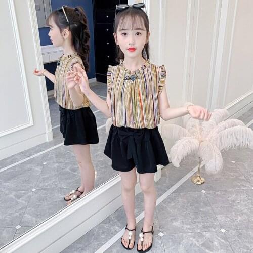 Girls Chiffon Sets New Summer Fashion Baby Kids Girls Clothes Striped Shirt+ Shorts Two Pieces Children Clothing Outfits