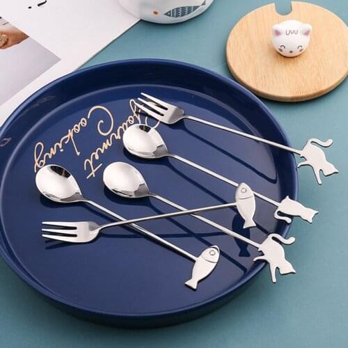 Japanese Cat Fish Spoon Coffee Stirring Spoon Cute Dessert Stainless Steel Milk Tea Spoon Home Kitchen Coffee Accessories
