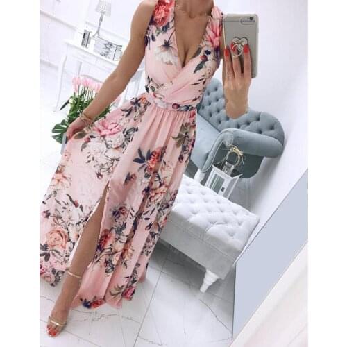 Sexy Womens Maxi Dresses Fashion Floral Print Comfortable Long Dress V Neck Sleeveless Robe Casual Vintage Summer Sundress 2021