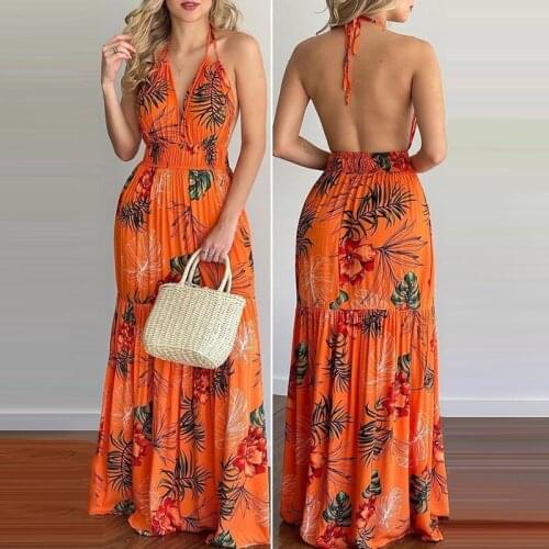 Women Summer Dress Sexy Tropical Print Halter Backless Maxi Dress 2021 Summer Women Fashion Party Elegant Streetwear Clothing